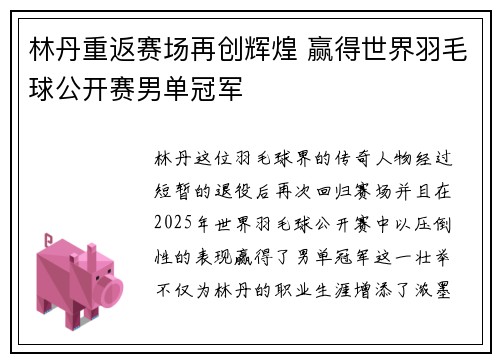 林丹重返赛场再创辉煌 赢得世界羽毛球公开赛男单冠军