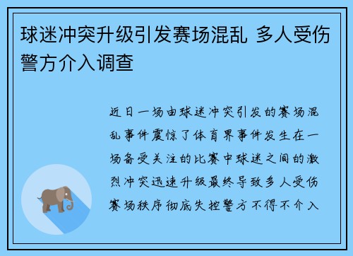 球迷冲突升级引发赛场混乱 多人受伤警方介入调查