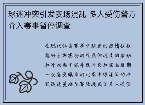 球迷冲突引发赛场混乱 多人受伤警方介入赛事暂停调查