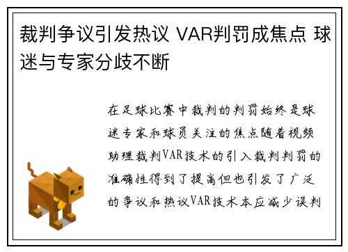 裁判争议引发热议 VAR判罚成焦点 球迷与专家分歧不断