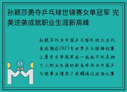 孙颖莎勇夺乒乓球世锦赛女单冠军 完美逆袭成就职业生涯新高峰